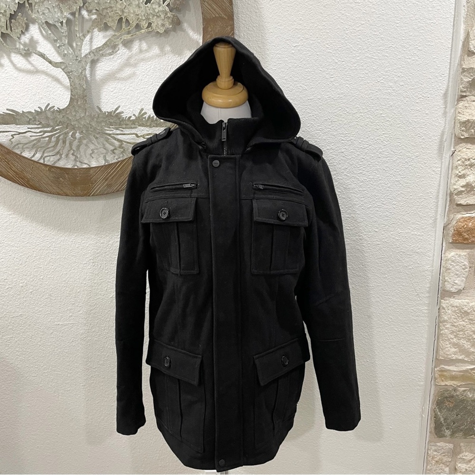 Guess Heavy Wool Hooded Coat Zipper Front Quilted Lining Black Medium
